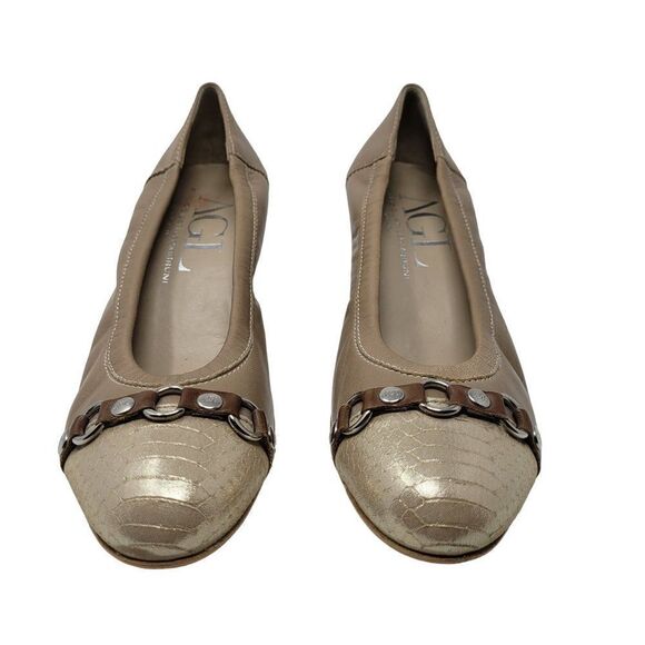 AGL Attilio Giusti Leombruni Leather Embossed Cap Toe Pump Heels 39.5 Tan Italy - Picture 10 of 11